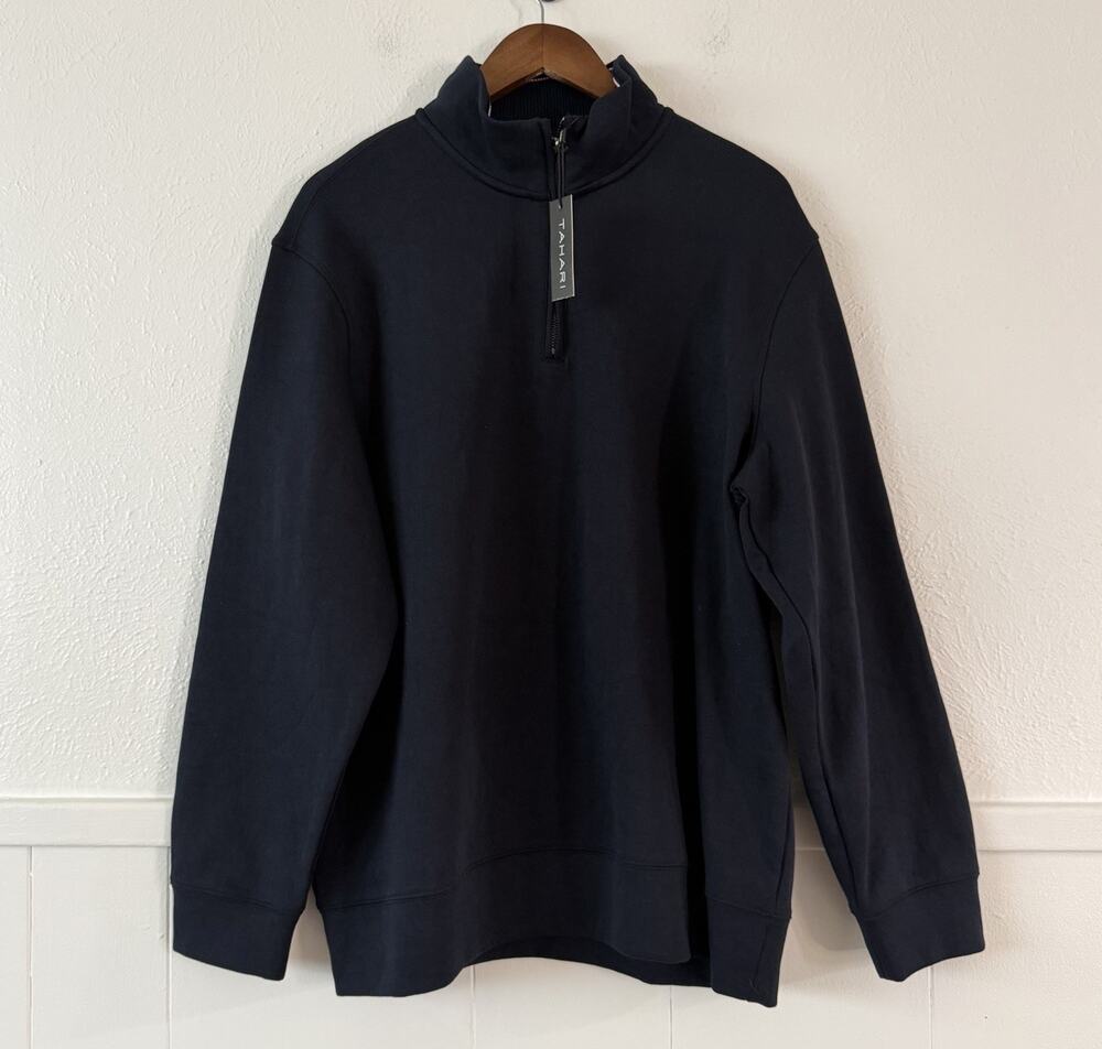 Tahari Men’s Quarter Zip Pullover Sweatshirt Navy Blue XXL Cotton Blend NWT